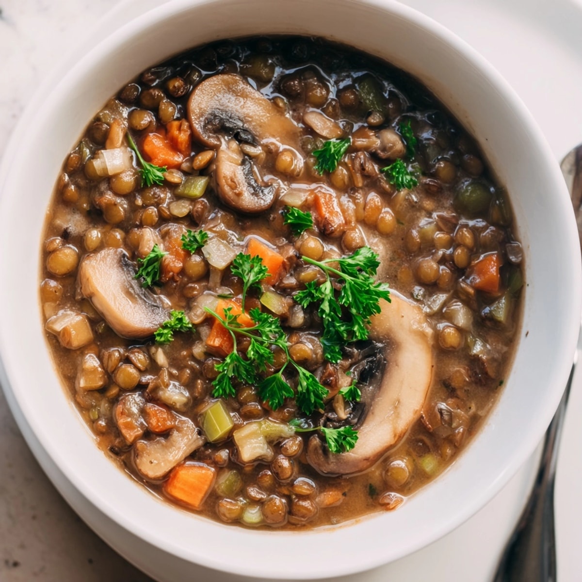Nahaufnahme eines Linsen- und Pilz-Eintopfs, der die erdigen Pilze und zarten Linsen hervorhebt.