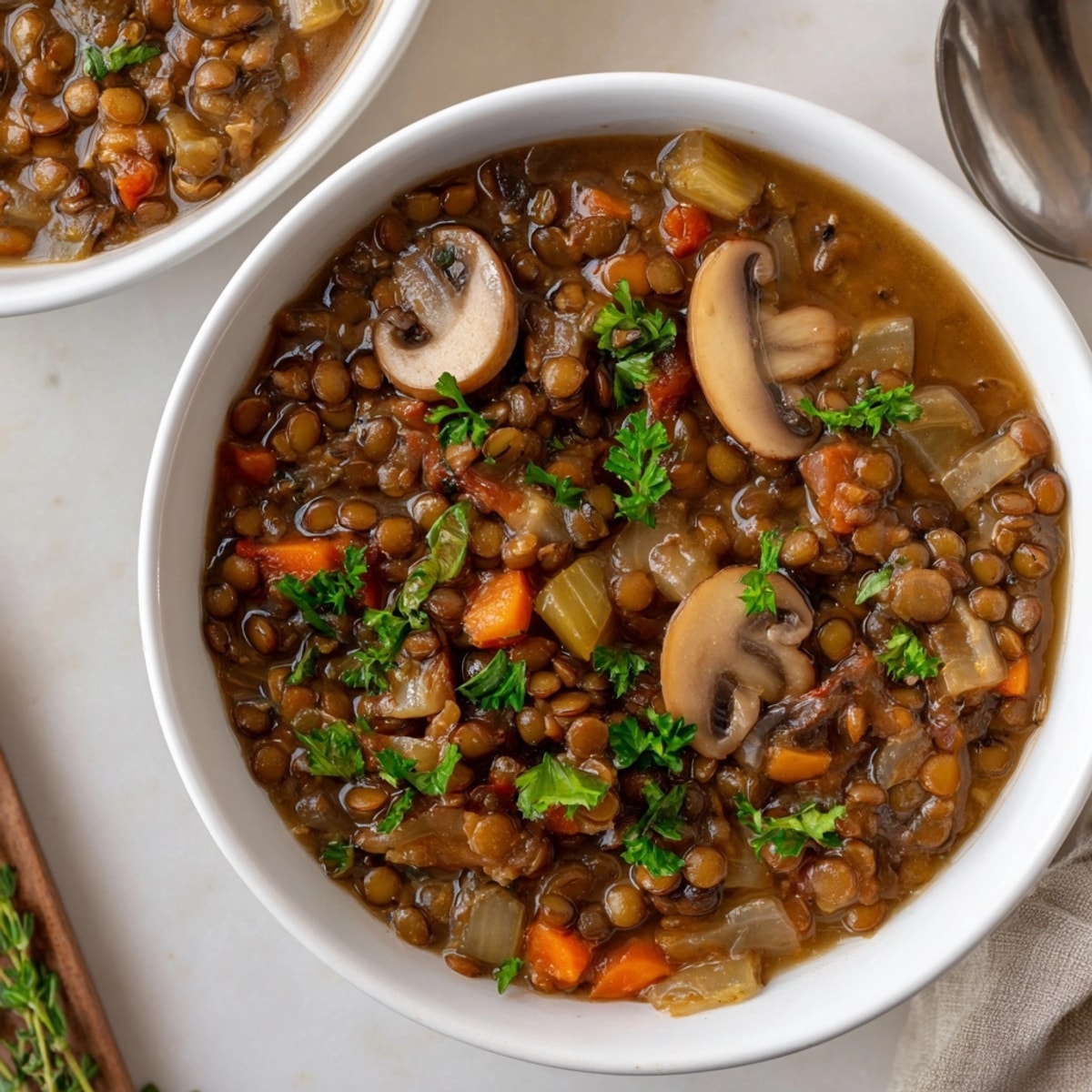 Hausgemachter Linsen-Pilz-Eintopf: Ein wohltuendes, sättigendes veganes Gericht mit Gemüsebrühe.