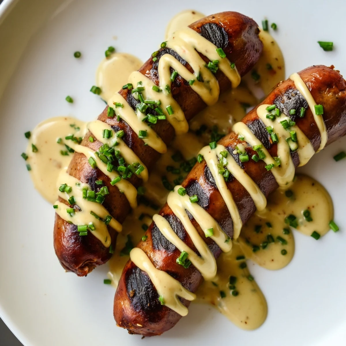 Saftige Bratwürste mit cremiger Senfsauce, serviert auf einem Holzbrett.  