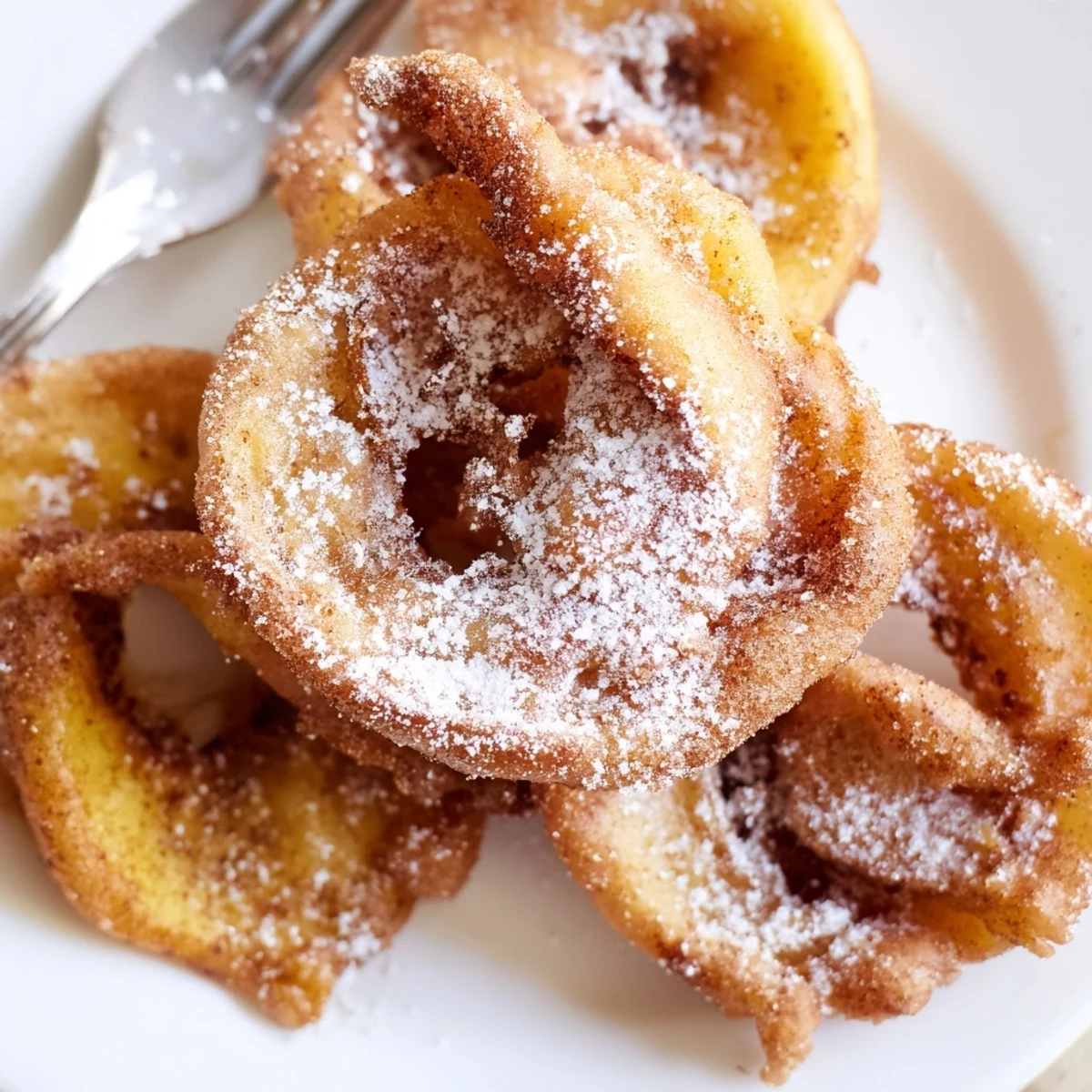 Würzige, goldbraune Apfelringe in zarter Teighülle für ein klassisches Dessert.