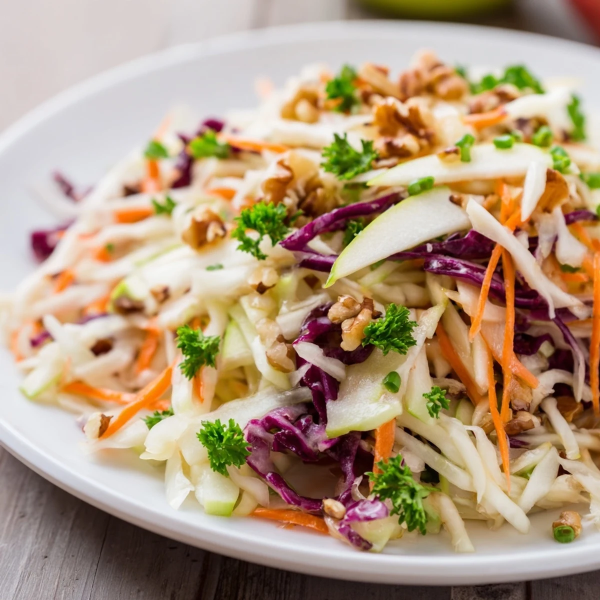 Tangy sauerkraut and apple slaw served in a vibrant salad bowl.